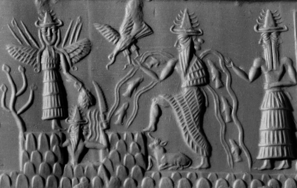 Akkadian cylinder seal depicting Inanna, Enki, and Utu.