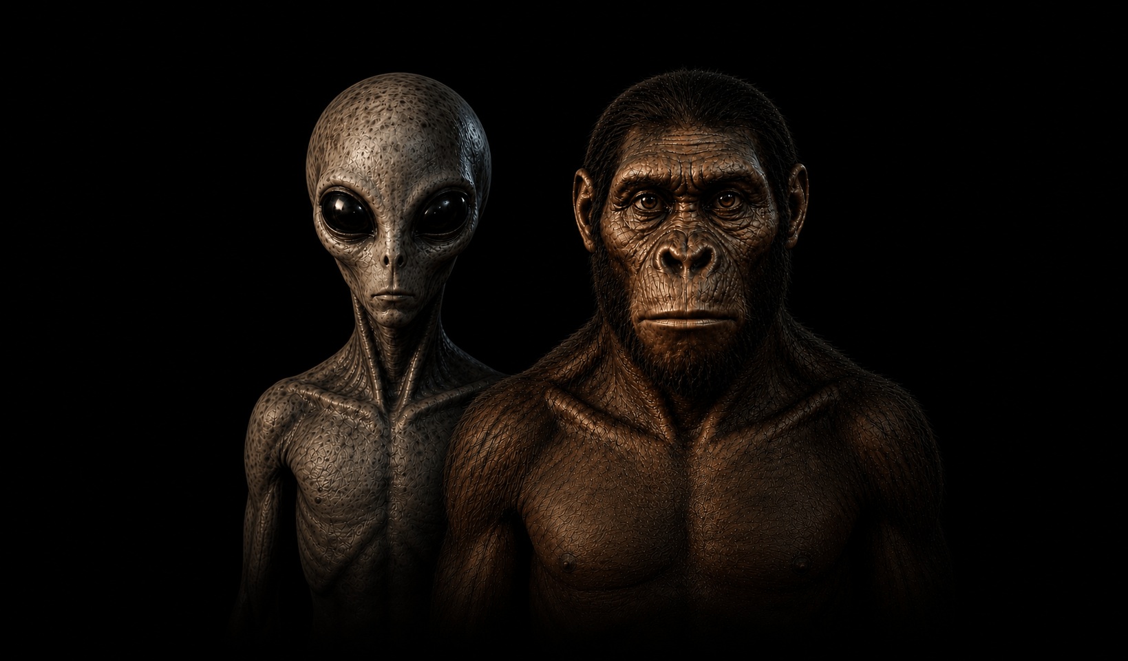 Grey alien and ape-like hominid standing side by side against a plain black background