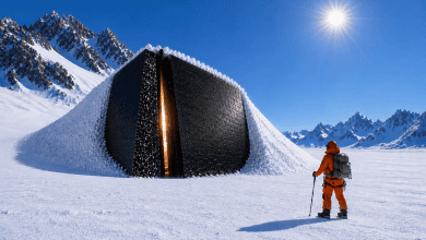 Lone explorer discovers a black monolith with a golden doorway in the Arctic