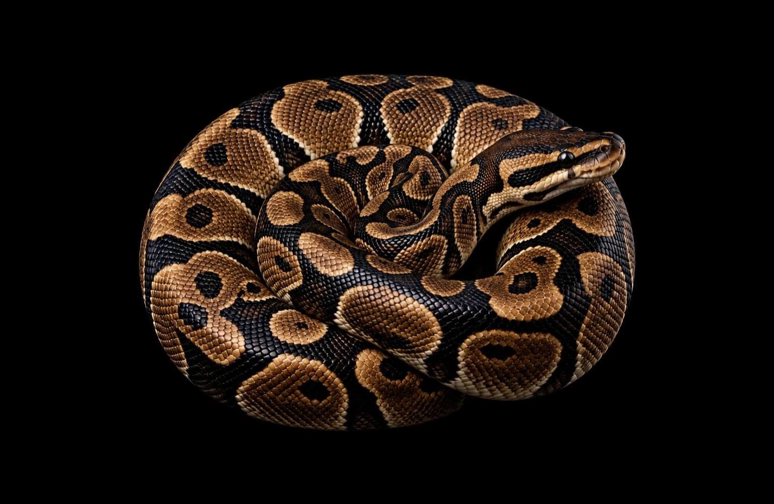 Coiled ball python against a black background