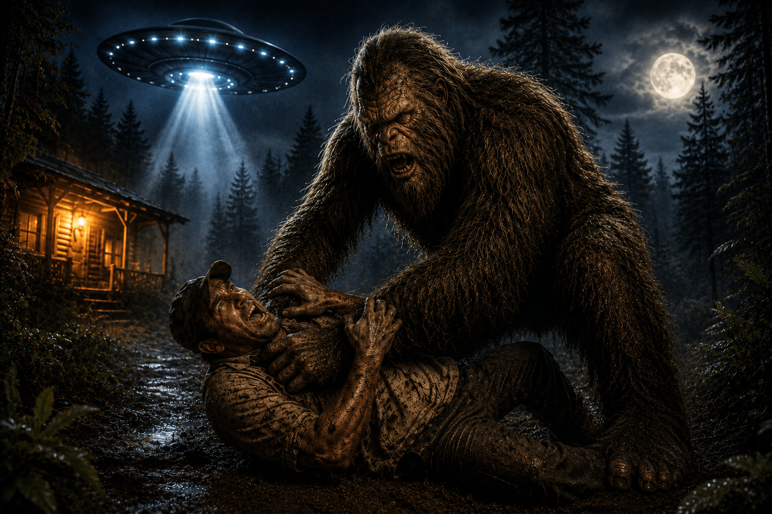 A towering Bigfoot attacks a man outside a glowing log cabin while a UFO shines a blue beam through a moonlit forest.