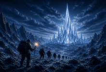 xplorers approach a towering crystalline city through a snowy mountain valley