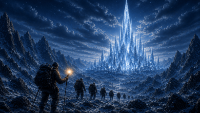 xplorers approach a towering crystalline city through a snowy mountain valley