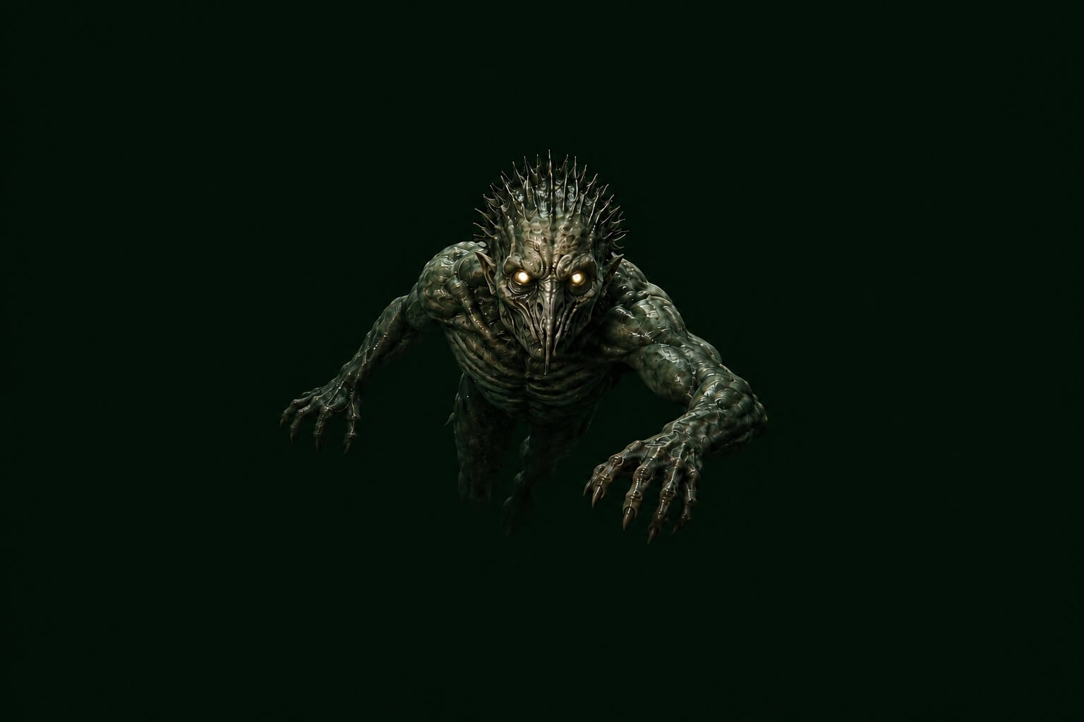 Dark green underwater creature swimming