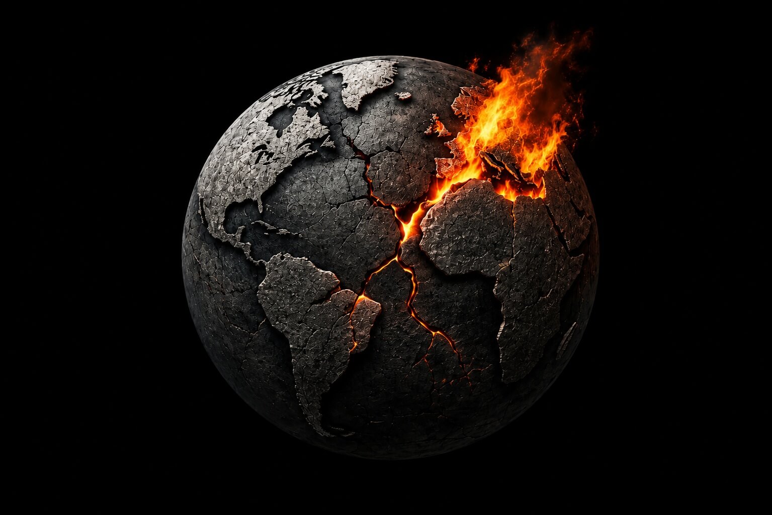 Earth-like planet on fire with glowing cracks against a black background