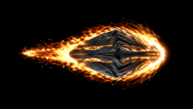 Fiery alien craft flying through flames on a black background