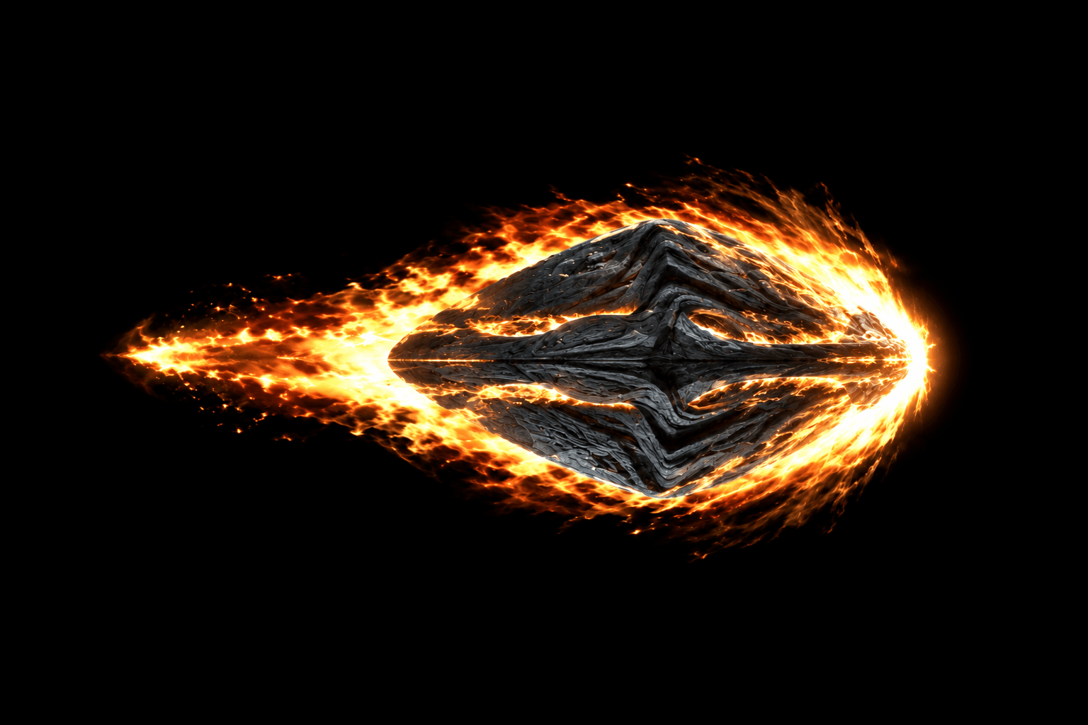 Fiery alien craft flying through flames on a black background