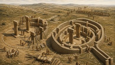 Artist's reconstruction showing the construction of Göbekli Tepe, with workers raising massive T-shaped stone pillars inside circular enclosures.