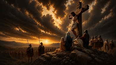 Jesus crucified on the cross at Golgotha beneath dramatic storm clouds as mourners and Roman soldiers gather at sunset.