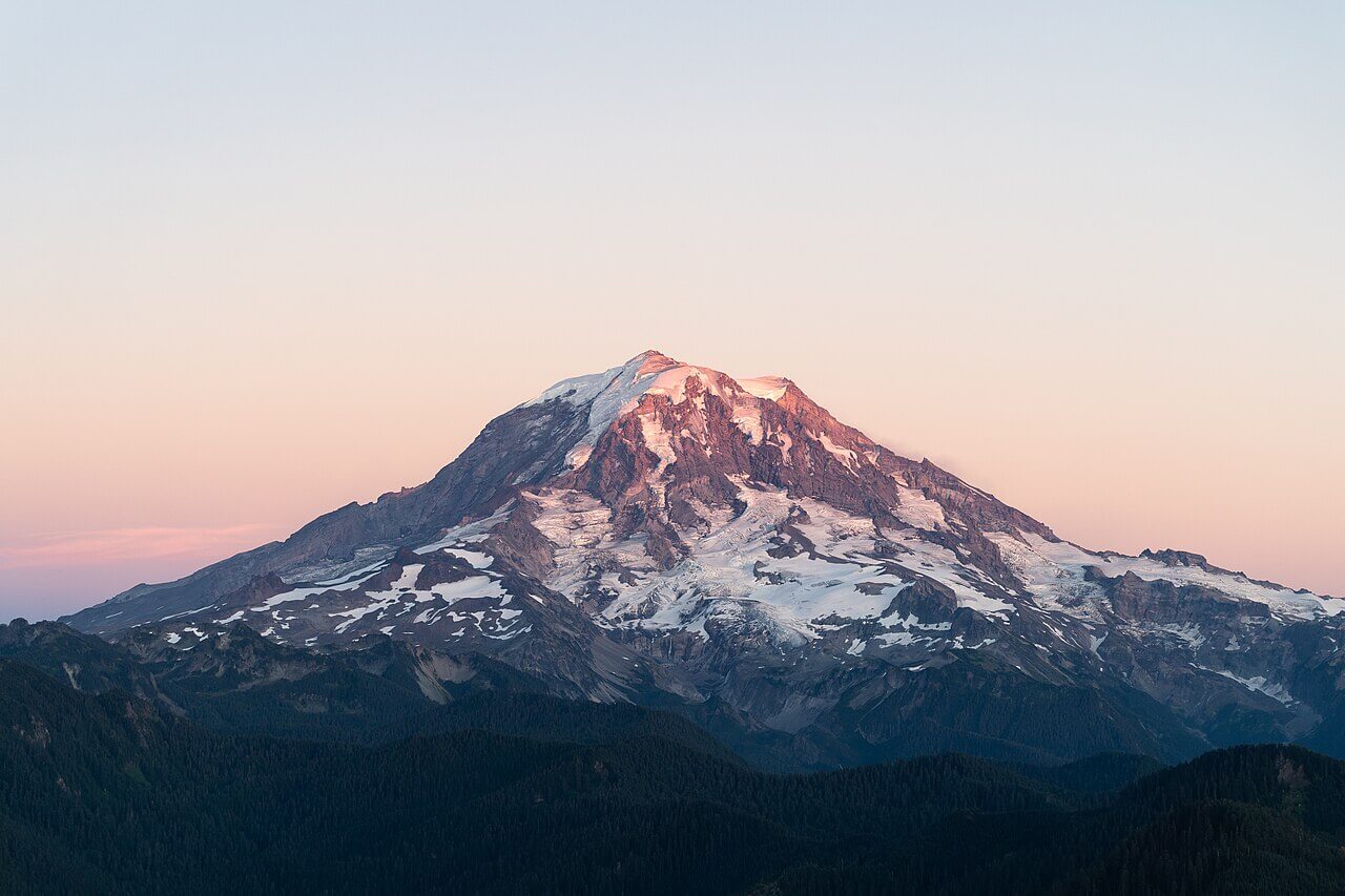 Mount Rainier's northwestern slope before sunset
