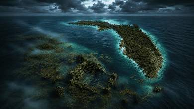 Aerial view of a mysterious tropical island and ancient ruins beneath a stormy sky