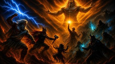 gods and warriors clash beneath a radiant golden deity with lightning and dark supernatural forces