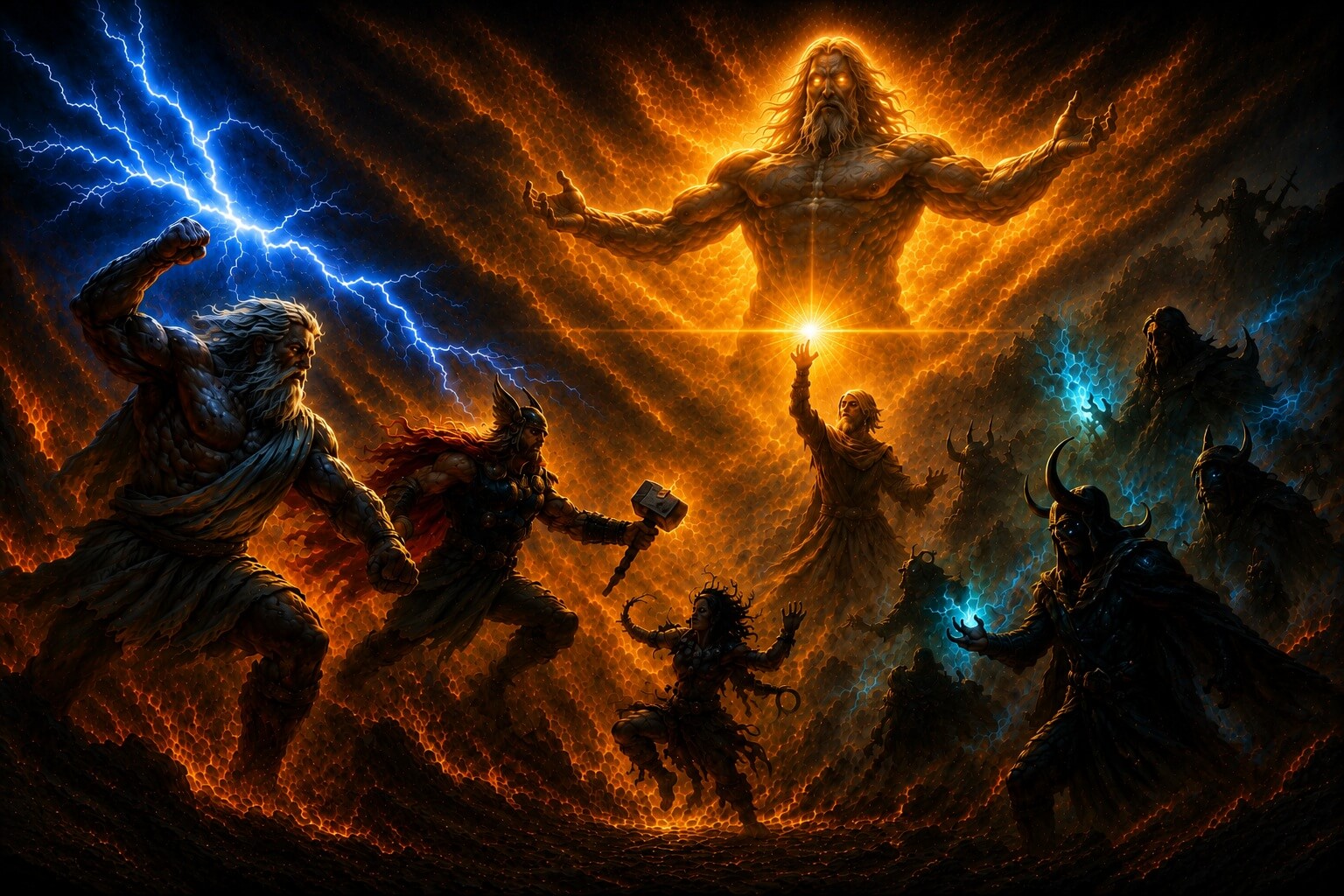 gods and warriors clash beneath a radiant golden deity with lightning and dark supernatural forces