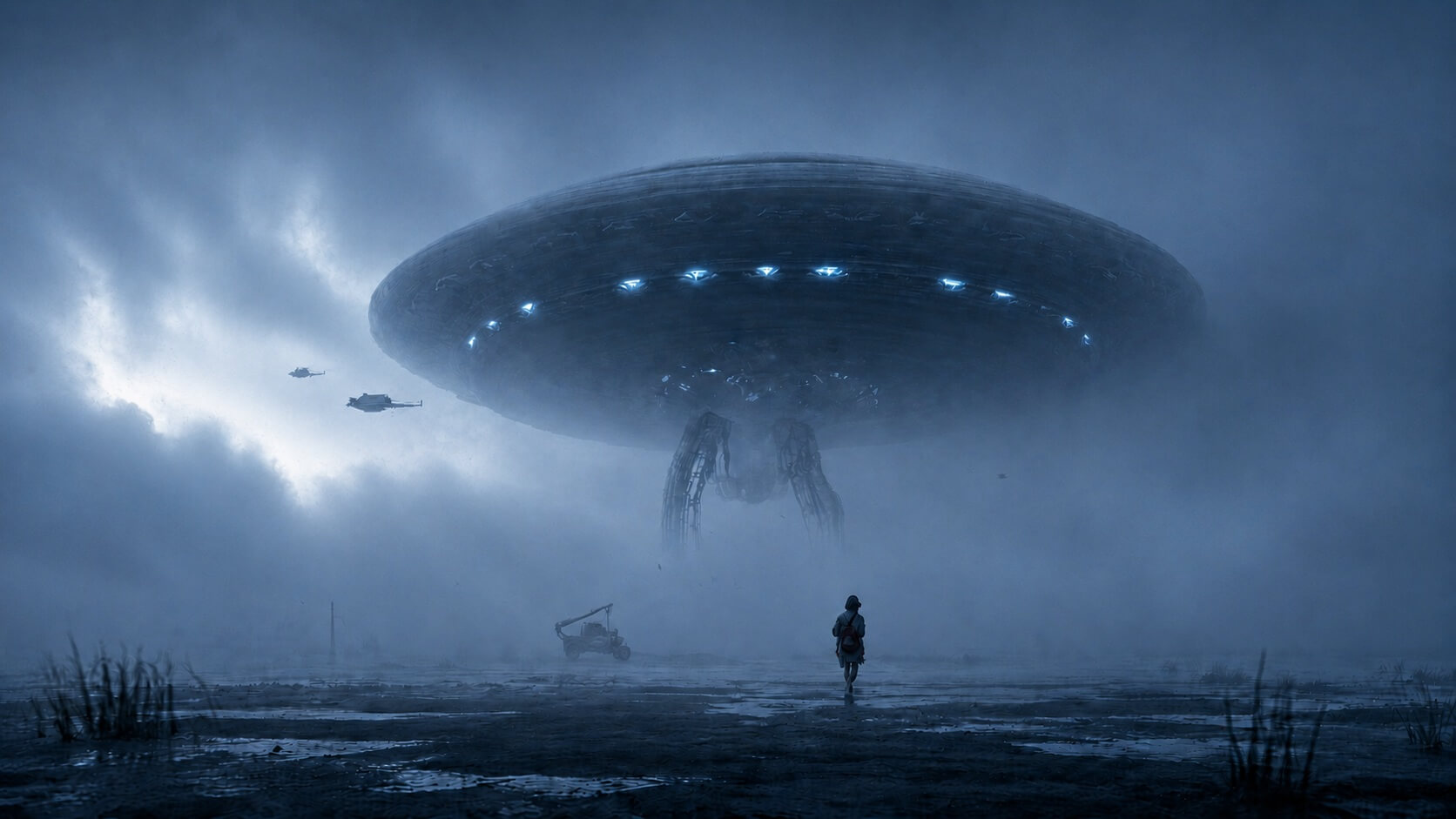 Colossal disc-shaped UFO hovering above a fog-covered landscape as a lone person approaches beneath its massive shadow.