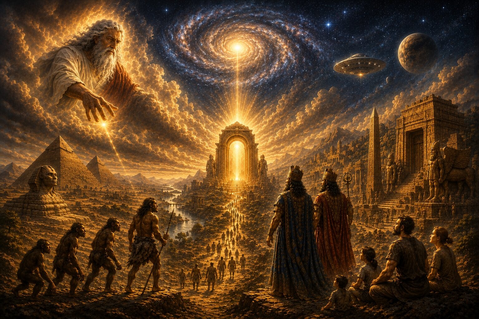 Cinematic illustration depicting humanity's origins with ancient civilisations, cosmic portal, evolution, pyramids and mysterious celestial beings.