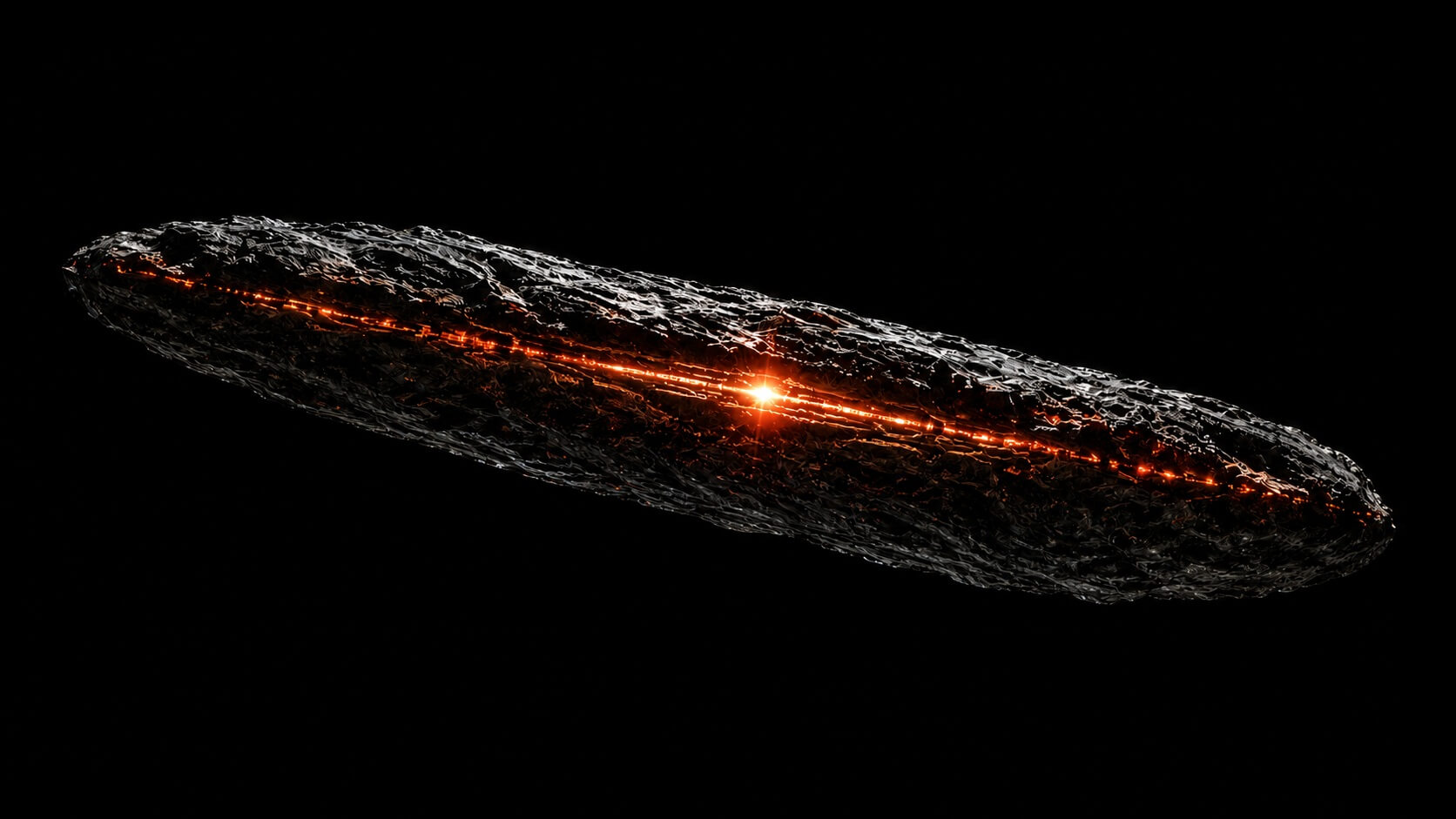 Elongated UFO with glowing orange-red center on a black background