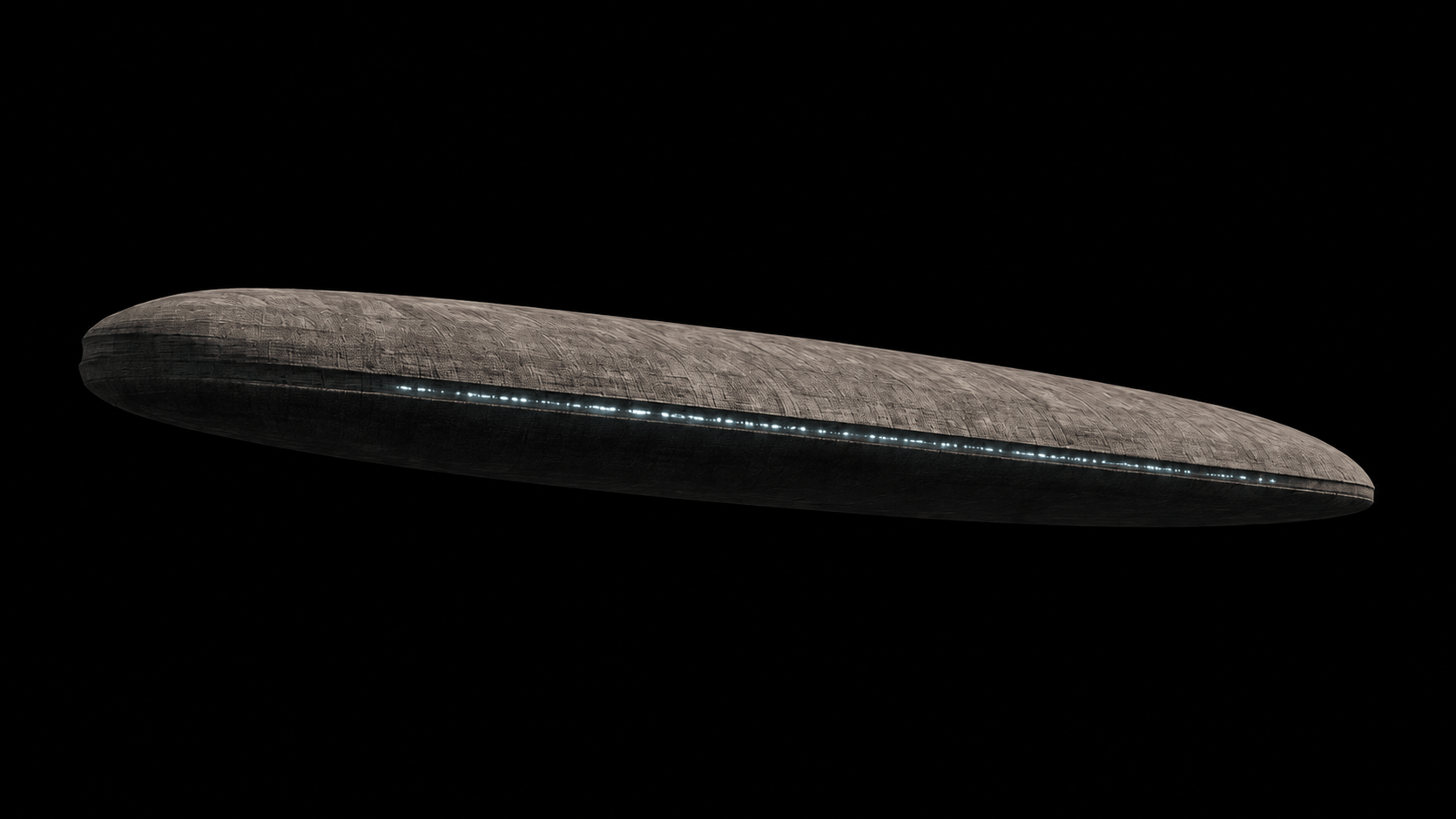 3I/ATLAS interstellar object resembling a large cigar-shaped UFO against a black background