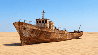 Abandoned fishing ships on the old shoreline of Moynaq