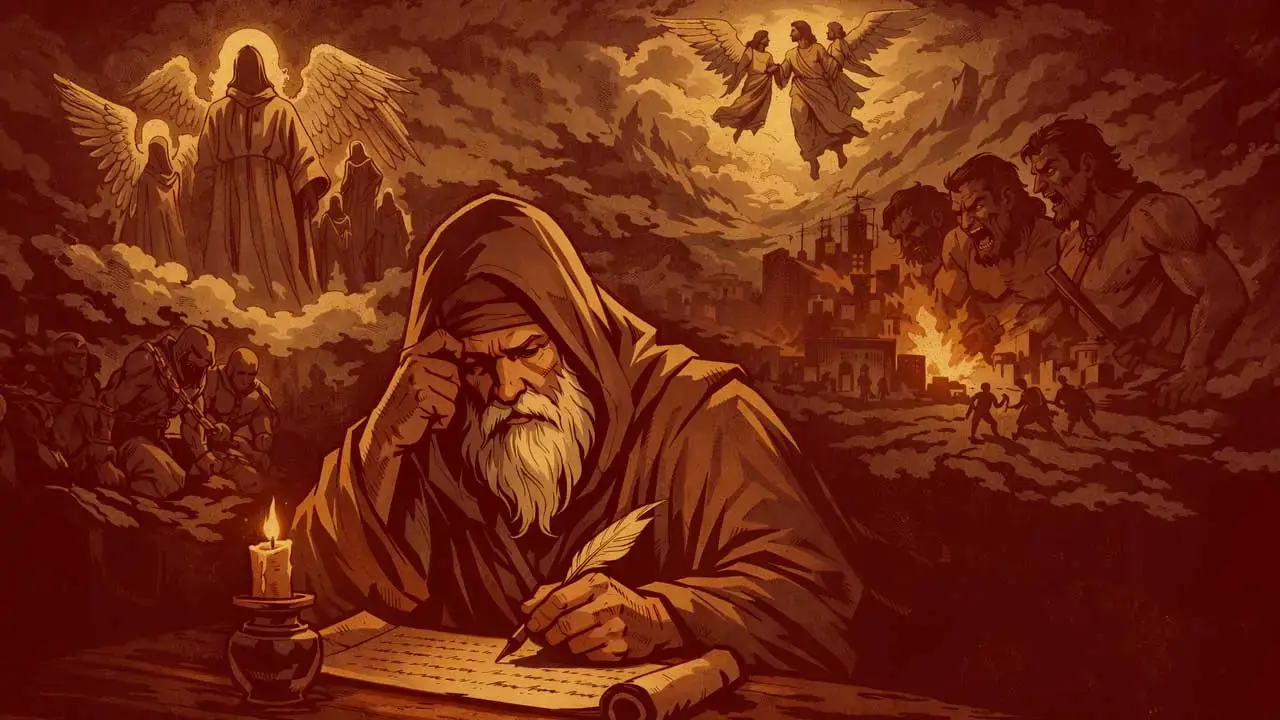 Enoch writing in a book with biblical figures in the background.